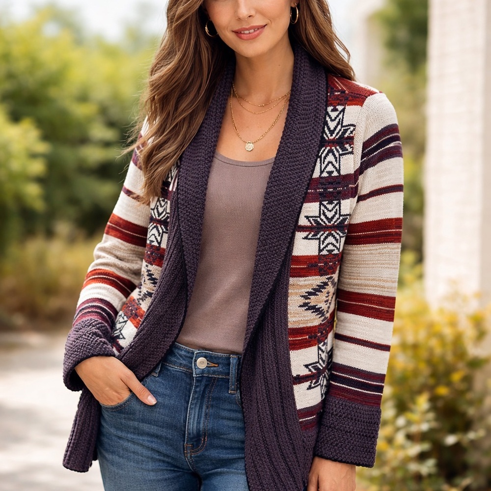 BCBG Women's Open Front Knit Cardigan Lagenlook Aztec Southwestern M‎ Boho